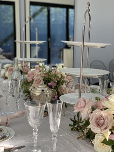 3-tier high tea stands with white plates